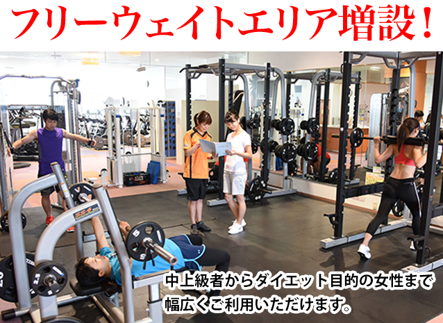 【フリーウェイトエリア増設!】中上級者から、ダイエット目的の女性まで幅広くご利用いただけます。